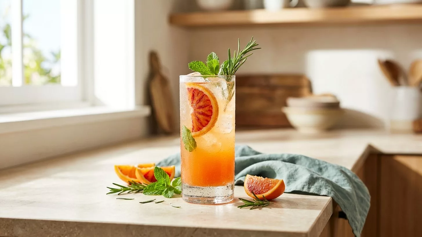 Ein spritziger, zuckerfreier Apfelessig-Sommerspritzer mit Eis, Orangenscheibe, Minze und Rosmarin in einem hohen Glas auf einer hellen Küchentheke