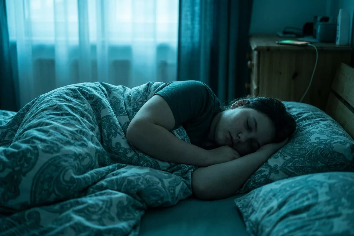 Ein Teenager schläft friedlich in einem ruhigen, abgedunkelten Zimmer