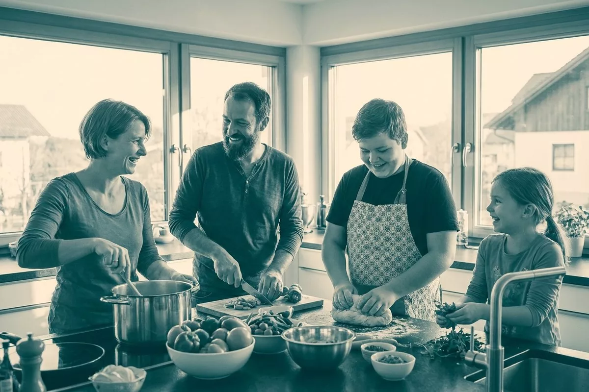 Eine Familie kocht gemeinsam ein farbenfrohes Abendessen, alle sind engagiert und lächeln