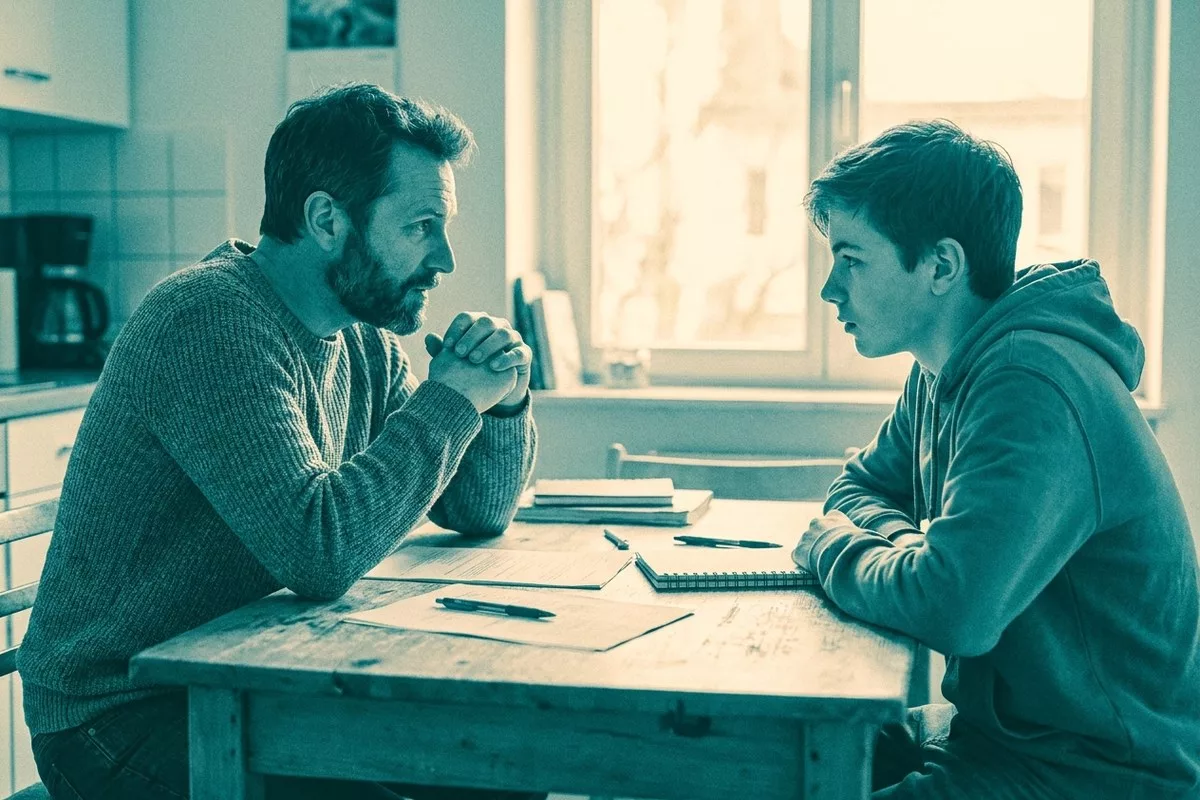 Ein Vater sitzt seinem übergewichtigen Teenager-Sohn am Küchentisch gegenüber, gemeinsame Notizen dazwischen