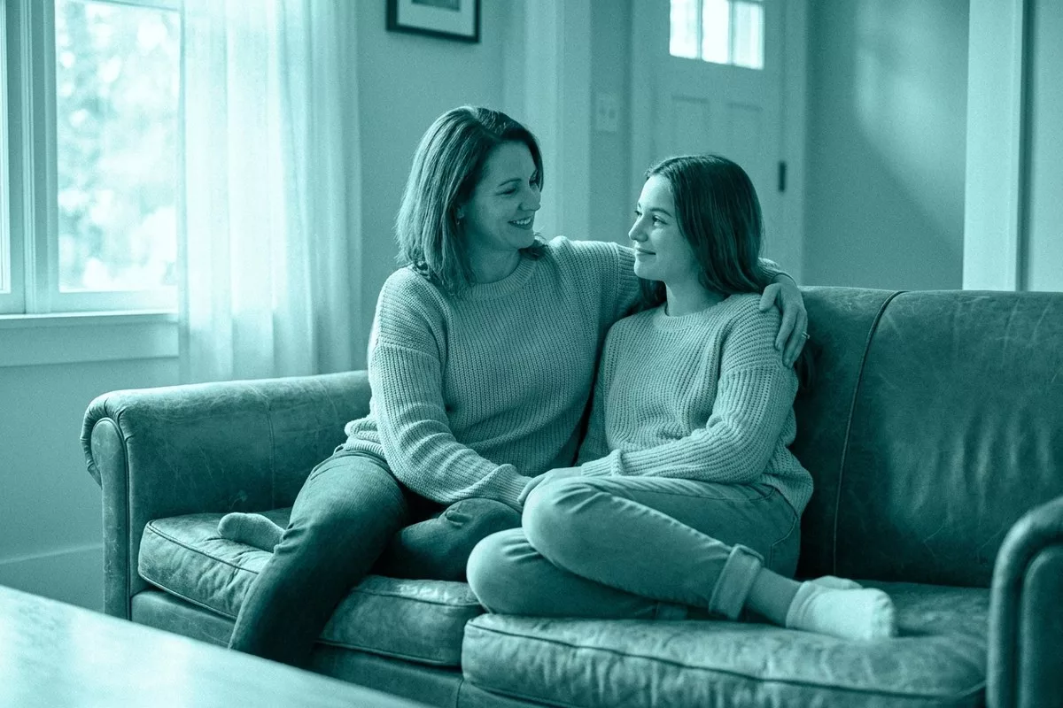 Eine Mutter sitzt eng neben ihrer Teenager-Tochter auf dem Sofa, den Arm um sie gelegt
