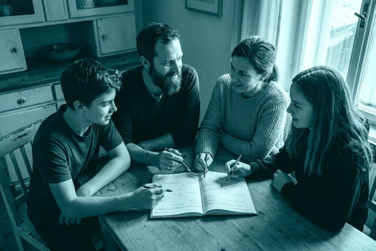 Familie sitzt gemeinsam am Küchentisch mit offenem Wochenplaner, plant die Woche