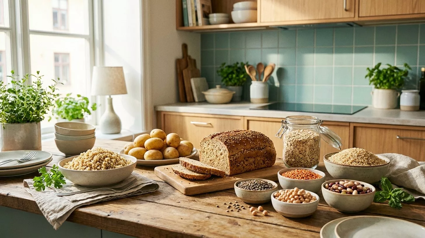 Vollwertige Kohlenhydrate auf einer Küchentheke: Kartoffeln, Vollkornreis, Quinoa, Haferflocken, Vollkornbrot und Hülsenfrüchte — sättigend statt dickmachend