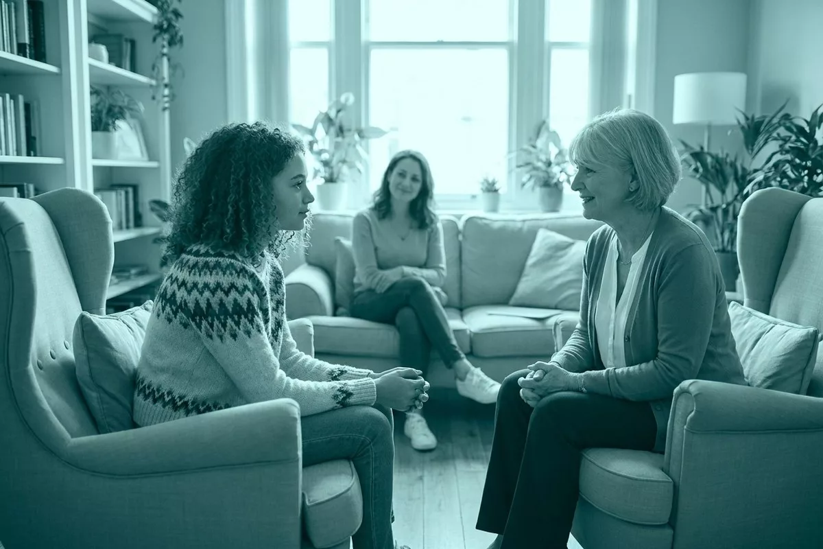 Eine übergewichtige Teenagerin spricht in einer warmen Beratungssituation mit einer Psychologin, die Mutter wartet unterstützend
