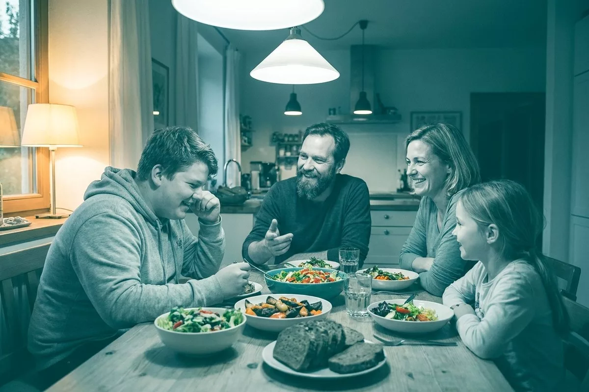 Eine Familie mit übergewichtigem Teenager-Sohn sitzt entspannt beim gemeinsamen Abendessen