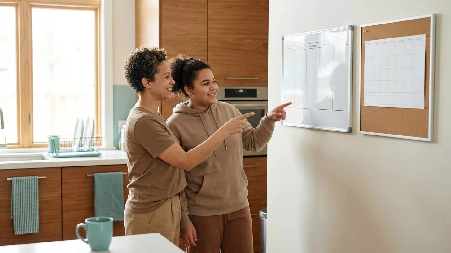 Elternteil und Teenager stehen entspannt vor einem Wochenplaner an der Küchenwand und besprechen gemeinsam die nächsten kleinen Schritte