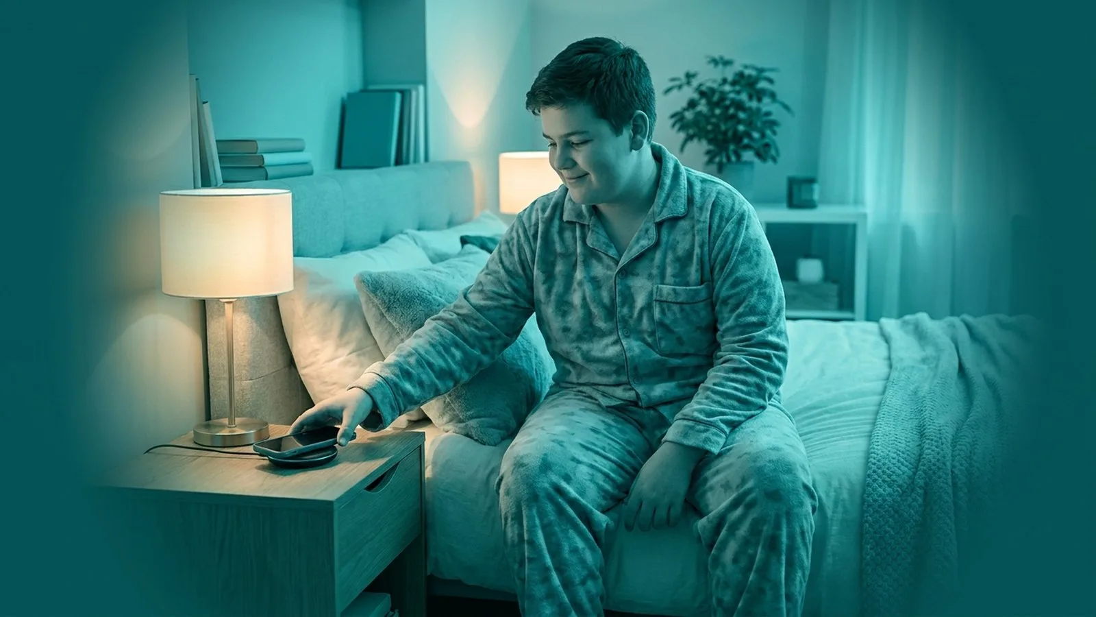 Teenager legt entspannt das Handy auf den Nachttisch und macht sich abends in einem gemütlich beleuchteten Zimmer bettfertig