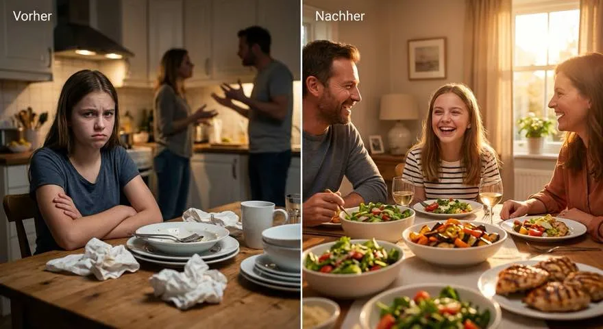 Vorher: Ein Teenager sitzt mit verschränkten Armen am Tisch, im Hintergrund streiten die Eltern. Nachher: Dieselbe Familie lacht gemeinsam bei einem bunten, gesunden Abendessen.