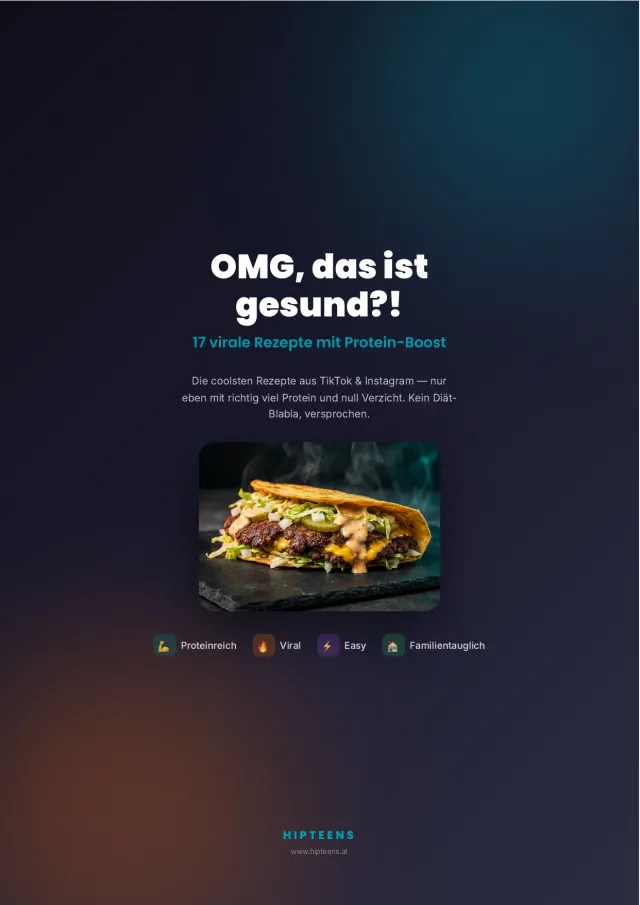 Deckblatt des Kochbuchs „OMG, das ist gesund?!“ — 17 virale Rezepte mit Protein-Boost, darunter ein Burger-Taco.