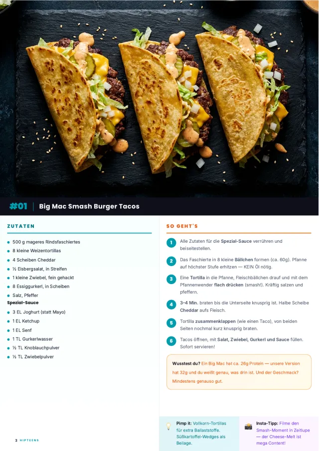 Rezeptseite „Big Mac Smash Burger Tacos“ mit Zutatenliste, sechs Arbeitsschritten und einem Tipp für Vollkorn-Tortillas.